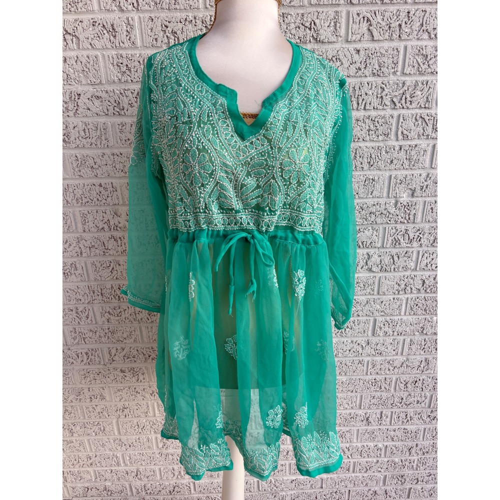 Vintage Embroidered Sheer Tunic Women Medium Teal Hand stitched Boho Glam hell‎